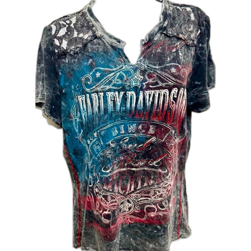 Harley-Davidson Women V-neck Patriotic Lace Top Pullover Graphic Tee Shirt L